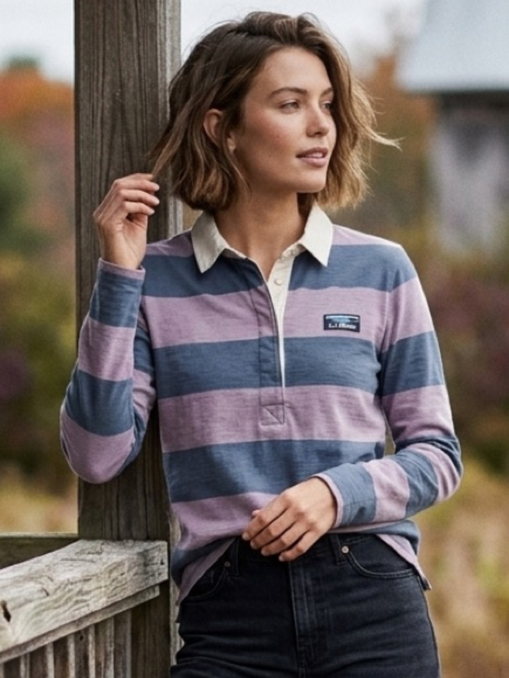 L.L. Bean Women's Long Sleeve Striped Rugby Shirt - Blue & Lavender - Size M